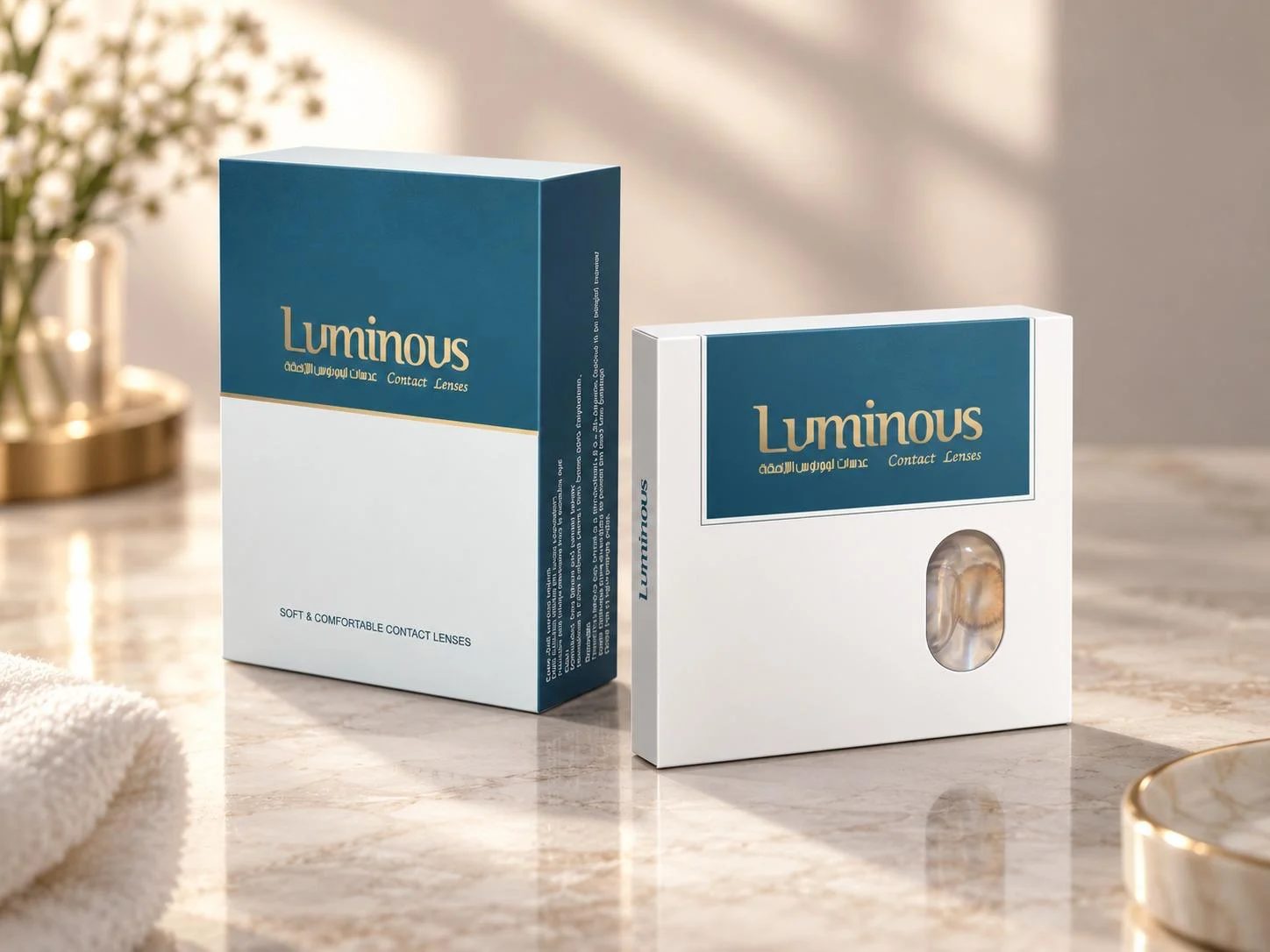 Luminous contact lenses packaging: monthly box and lens-window box with gold foil logo
