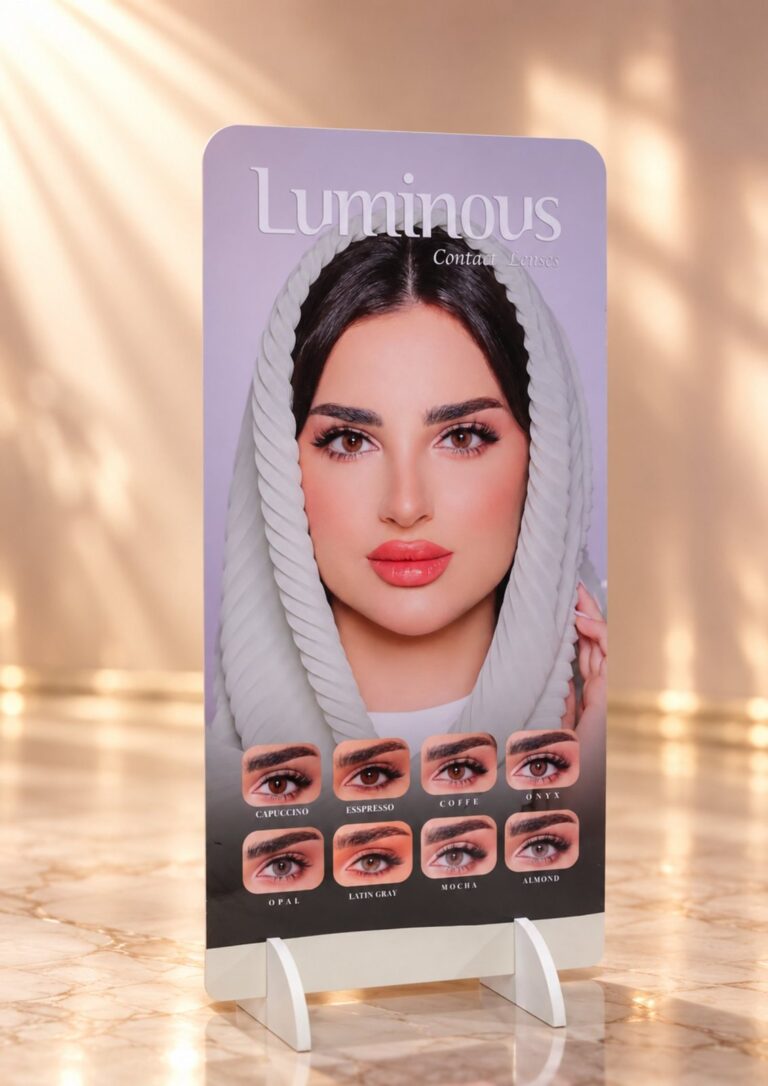 Display de balcão Luminous com modelo e faixa de cores