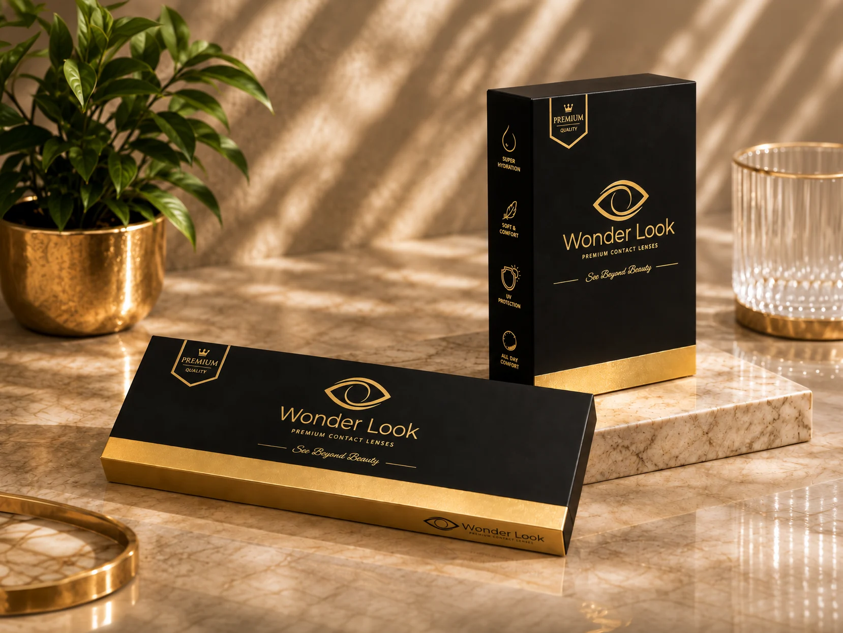 Wonder Look standing box and slim pack in black and gold foil